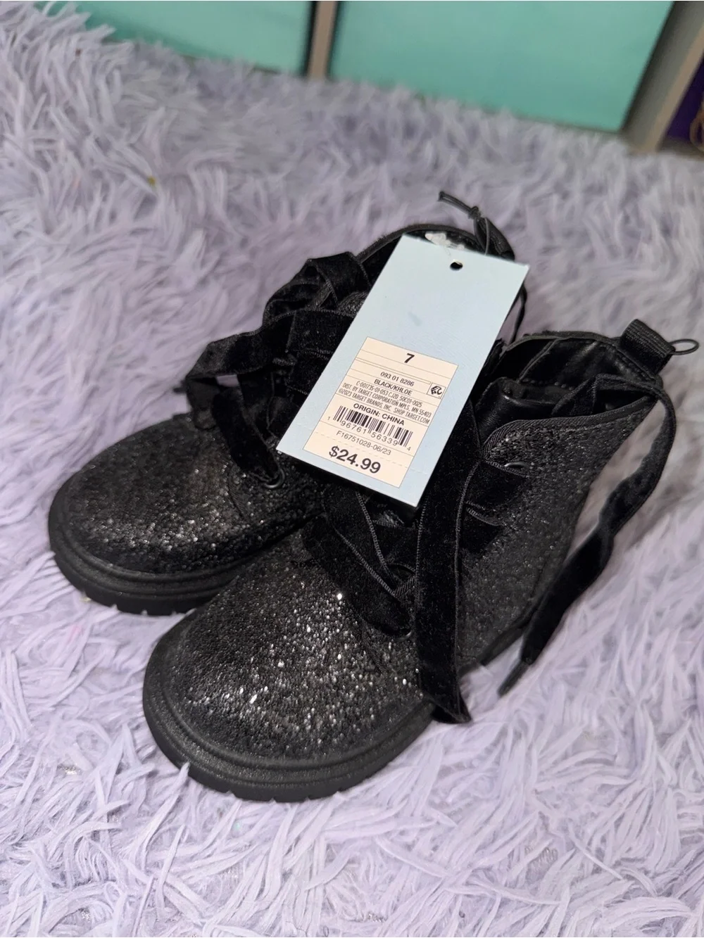 Cat & Jack Black Glitter Kids Boots with Velvet Laces